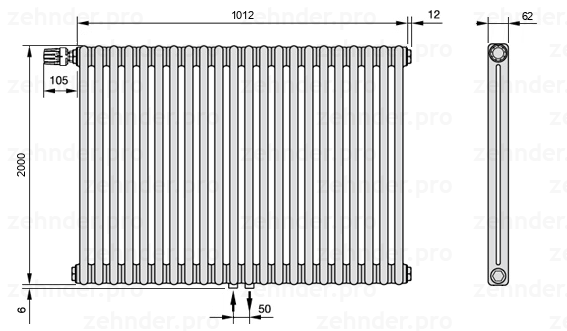 Схема (чертеж) Радиатор Zehnder Charleston 2200/22 №V007 Белый глянцевый RAL 9016